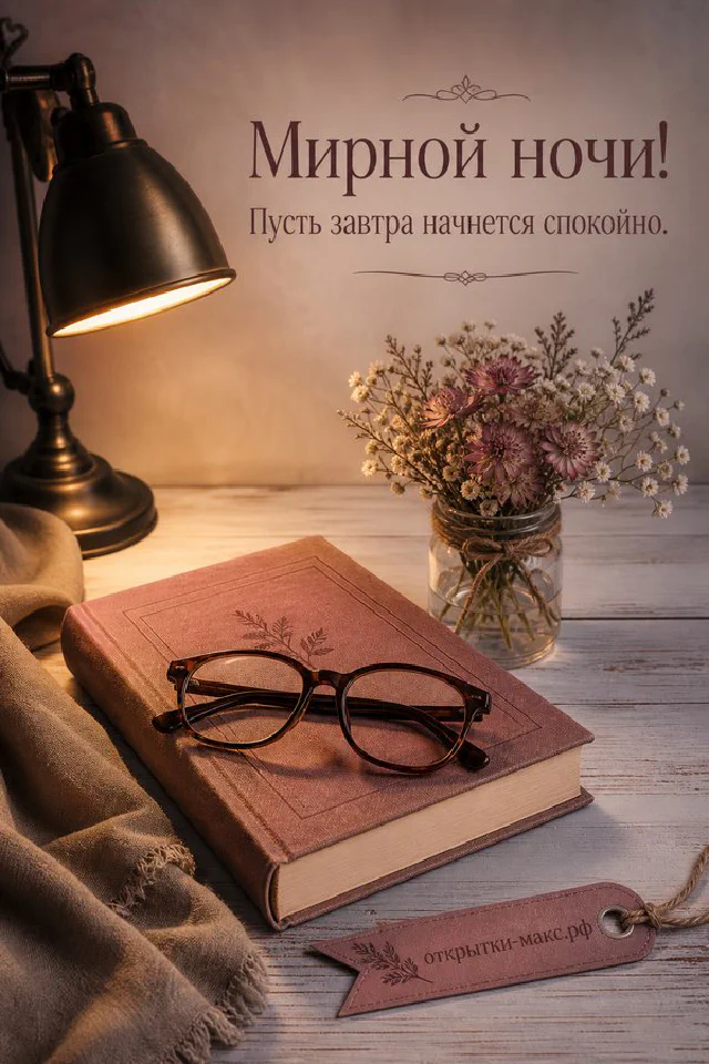Голубая кружка кофе на льняной ткани у открытого окна с цветущей сиренью снаружи, надпись «Мирной ночи!» — вариант 3