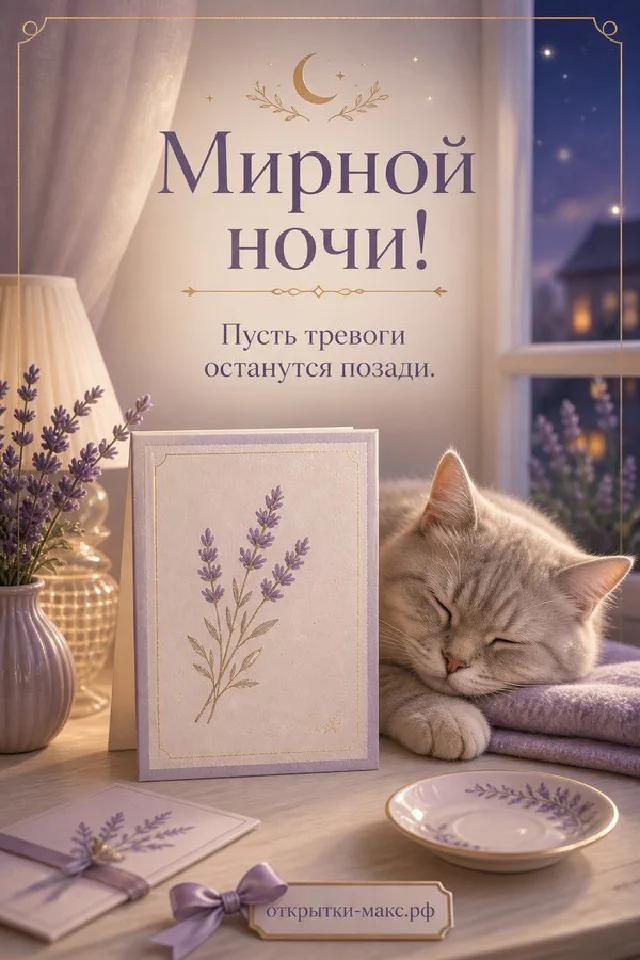 Серый кот на фиолетовом пледе рядом с блюдцем и открыткой с лавандой и луной, надпись Мирной ночи — вариант 3
