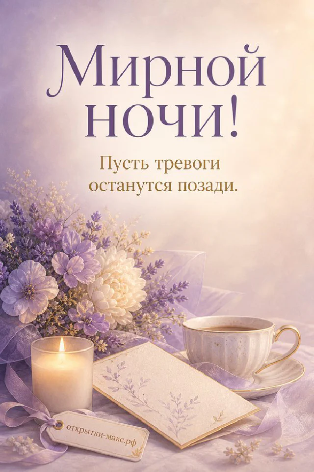 Серый кот на фиолетовом пледе рядом с блюдцем и открыткой с лавандой и луной, надпись Мирной ночи — вариант 4