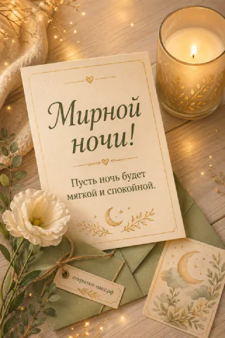 Открытка Мирной ночи рядом с горящей свечой, белым цветком и конвертом с изображением луны