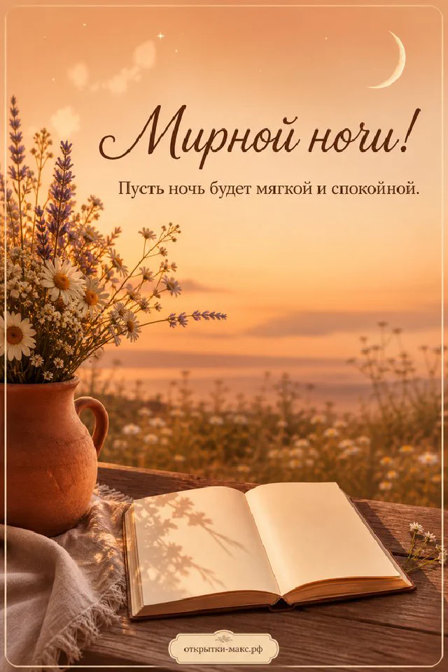 Открытка Мирной ночи рядом с горящей свечой, белым цветком и конвертом с изображением луны — вариант 2