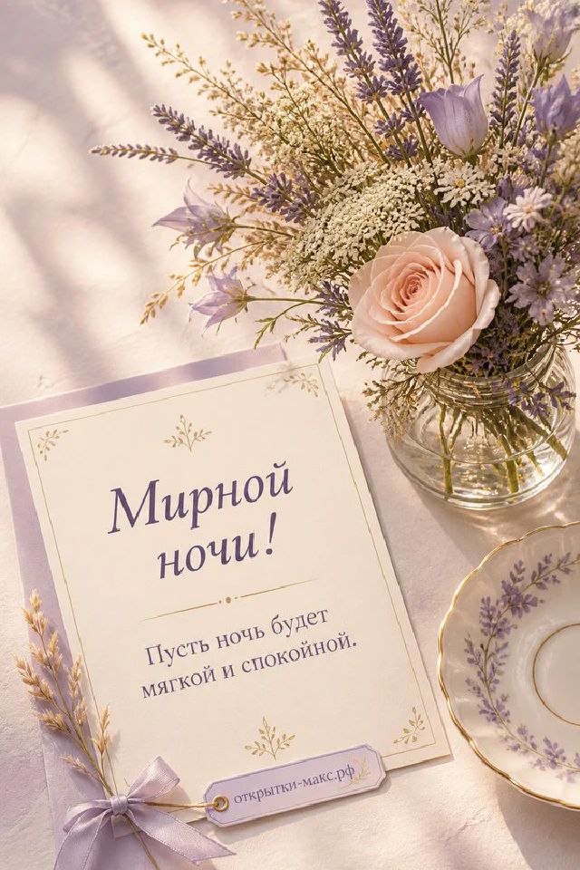 Открытка Мирной ночи рядом с горящей свечой, белым цветком и конвертом с изображением луны — вариант 7