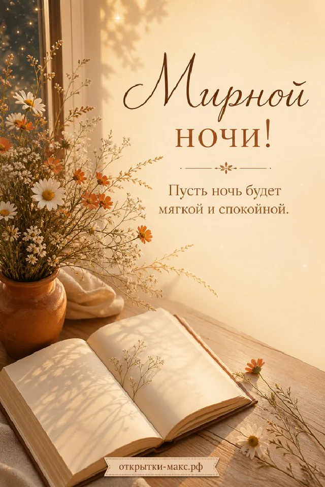 Открытка Мирной ночи рядом с горящей свечой, белым цветком и конвертом с изображением луны — вариант 4