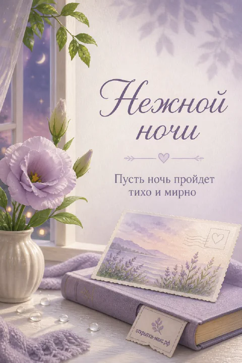 Белая ваза с розово-фиолетовой эустомой и почтовая акварельная карточка на книге у ночного окна