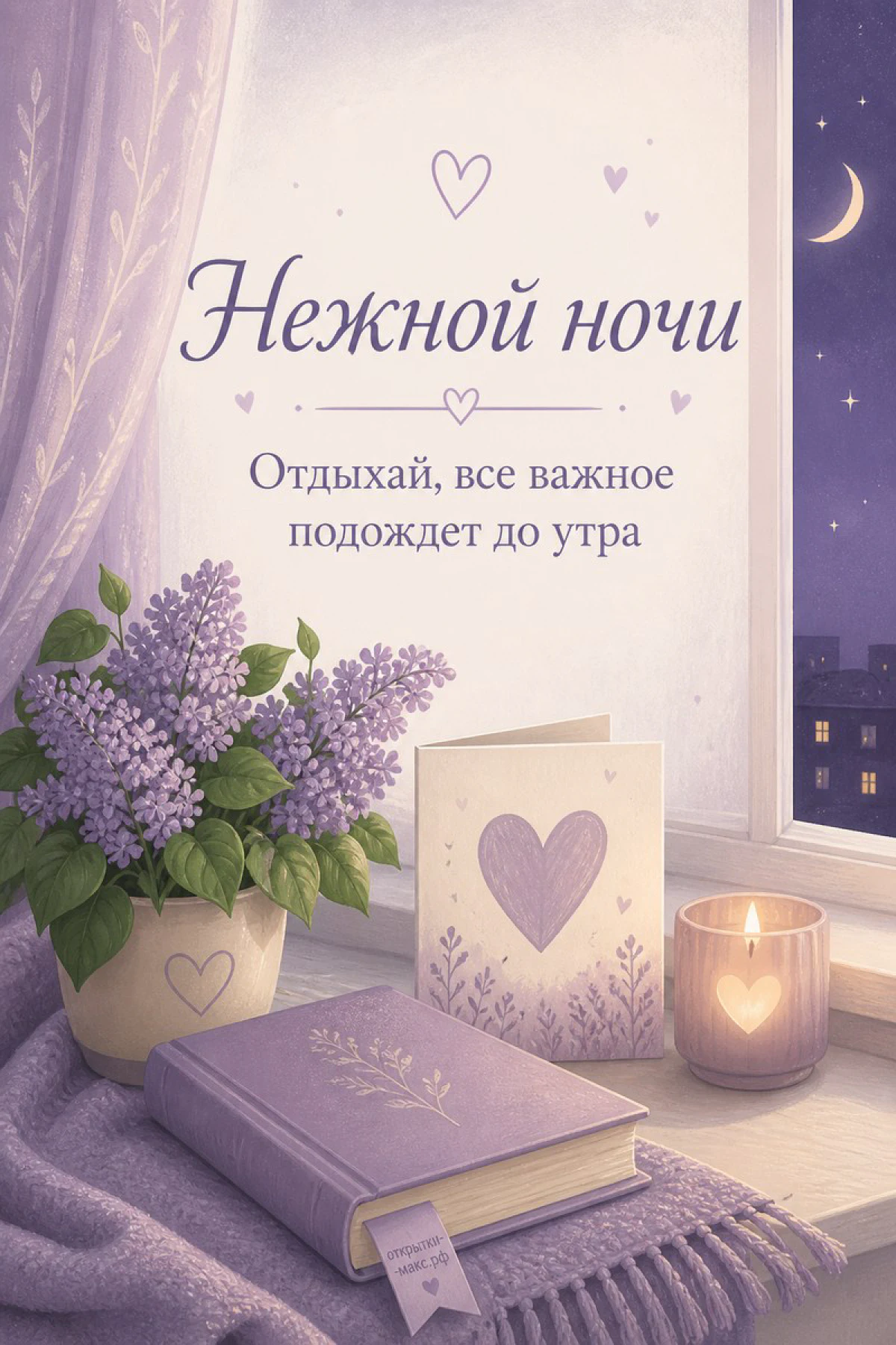Книга и плед на подоконнике с сиренью, горящей свечой и лунным небом за окном