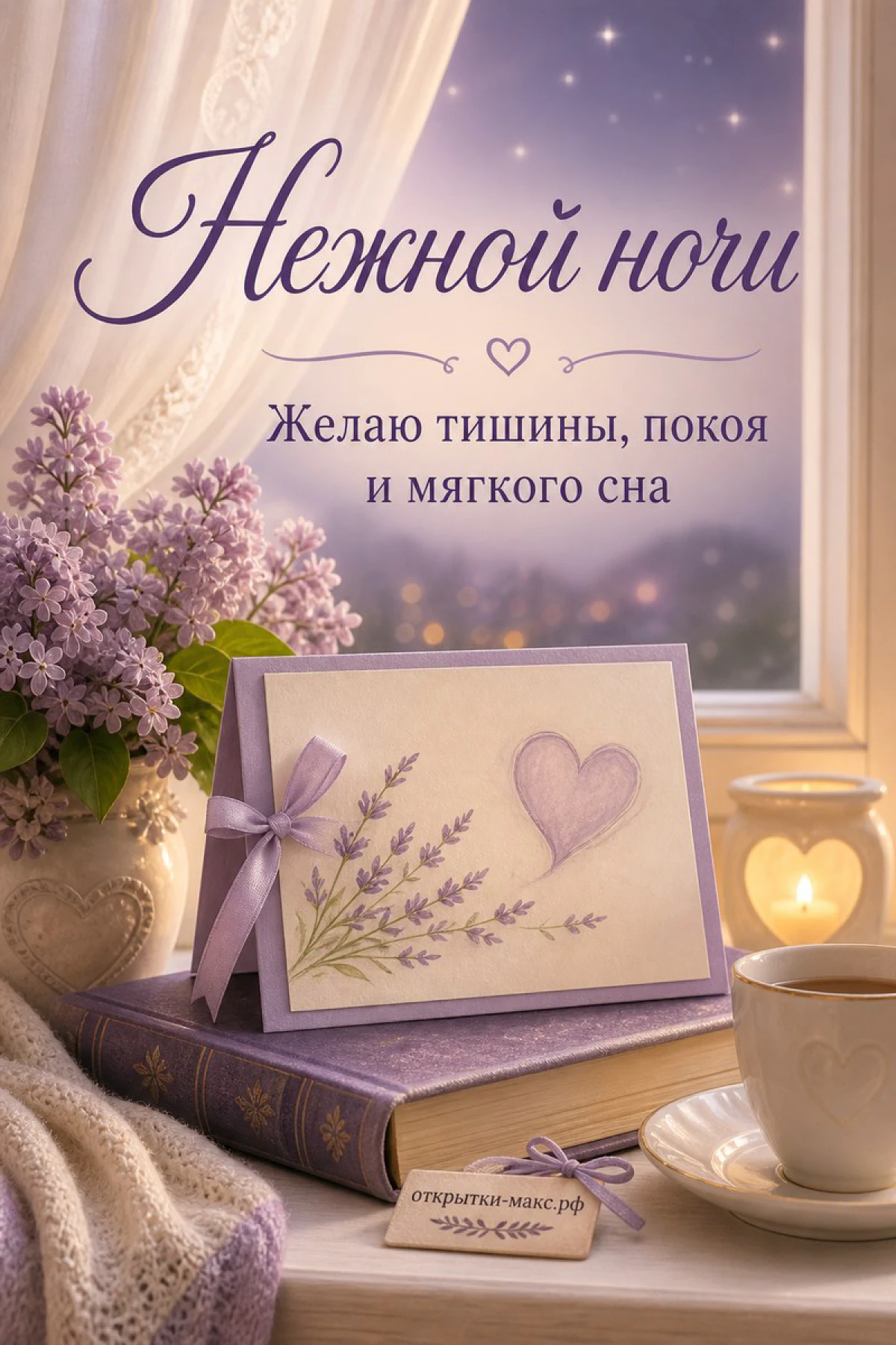Ветки сирени в вазе, открытка с лавандовым сердечком и свеча у окна со звёздами — «Нежной ночи»