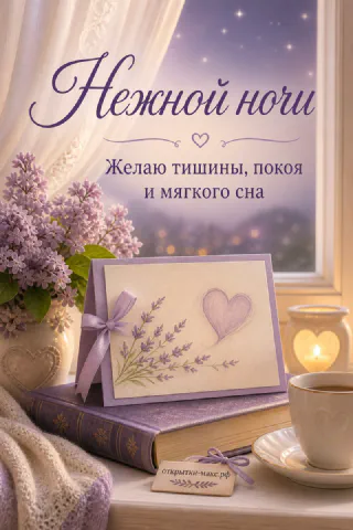 Ветки сирени в вазе, открытка с лавандовым сердечком и свеча у окна со звёздами — «Нежной ночи»