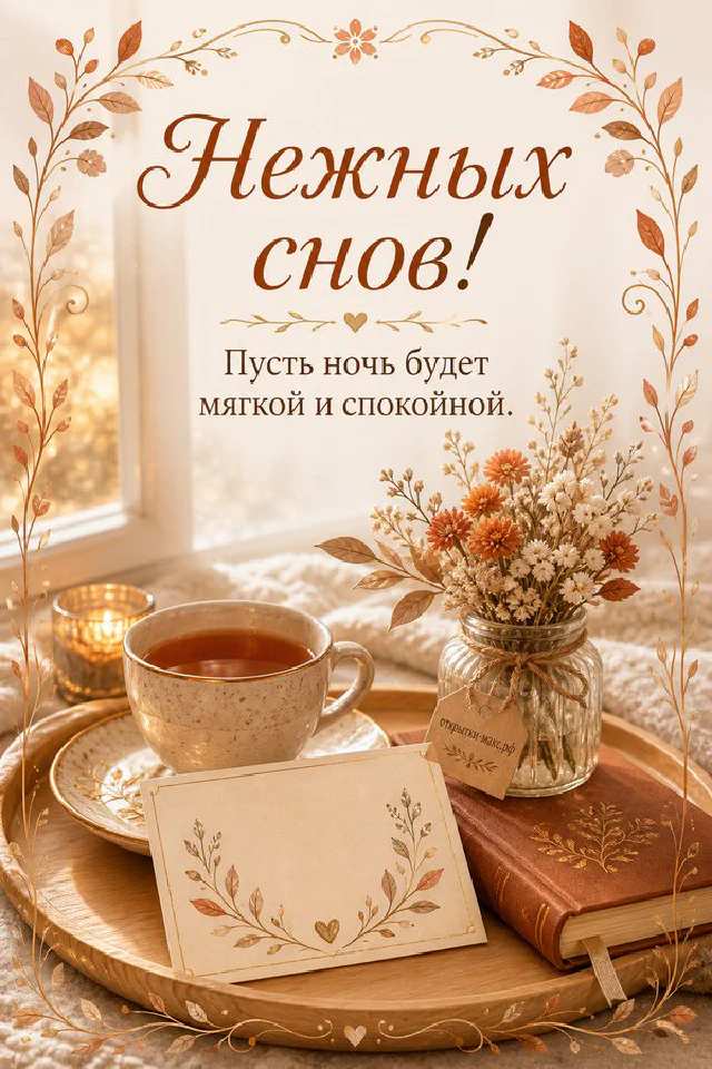 Чашка чая с сердечком на деревянном столике рядом со свечой и книгой, осенние листья эвкалипта — вариант 3