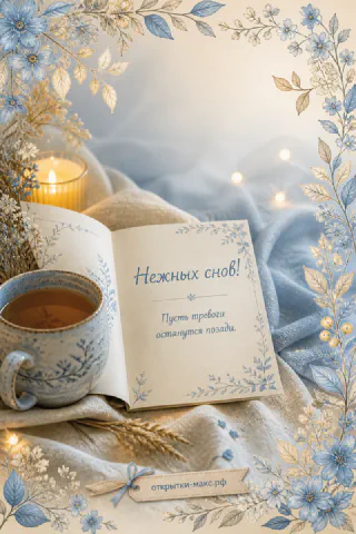 Открытая книга с надписью Нежных снов на пледе с чашкой чая и свечой в голубой цветочной рамке