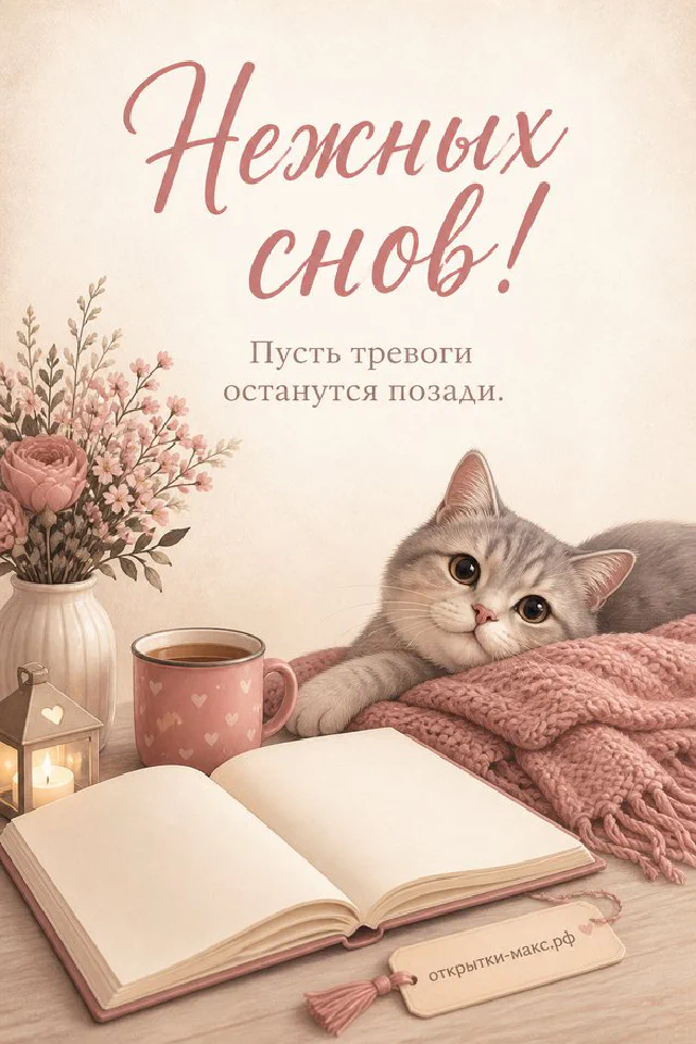 Открытая книга с надписью Нежных снов на пледе с чашкой чая и свечой в голубой цветочной рамке — вариант 3