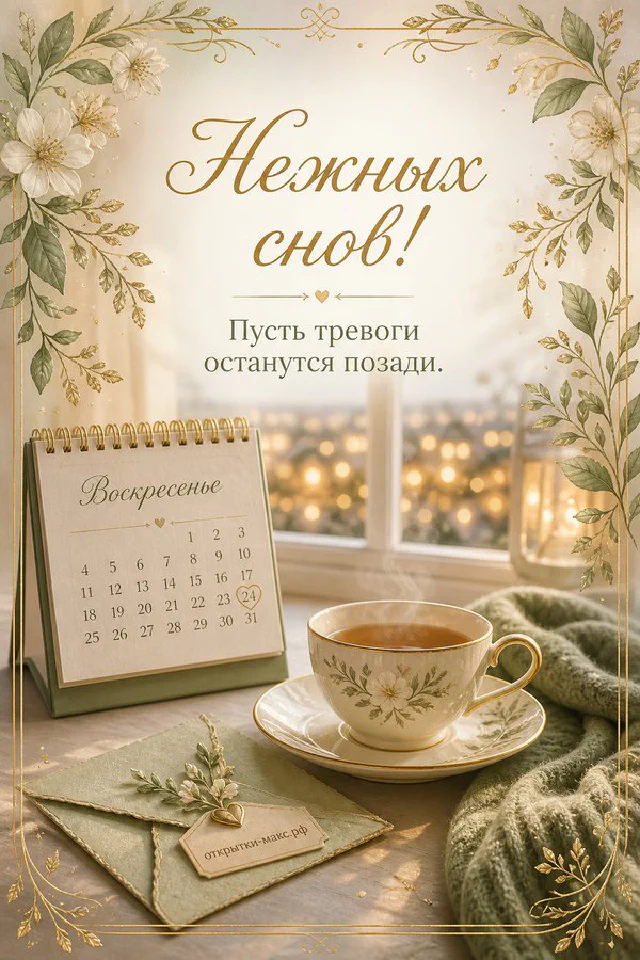 Открытая книга с надписью Нежных снов на пледе с чашкой чая и свечой в голубой цветочной рамке — вариант 6