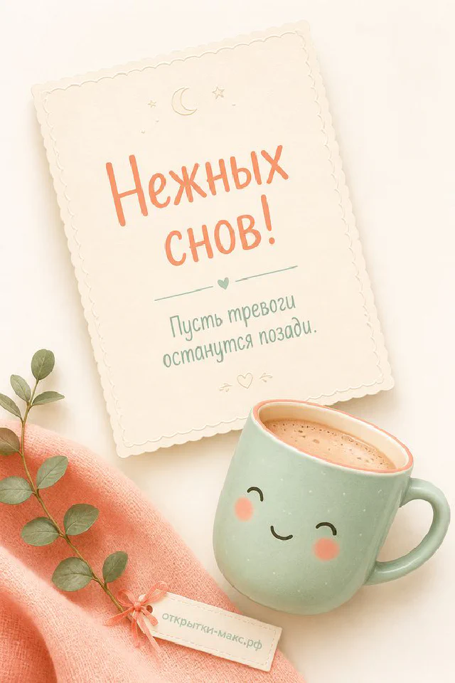 Открытая книга с надписью Нежных снов на пледе с чашкой чая и свечой в голубой цветочной рамке — вариант 7