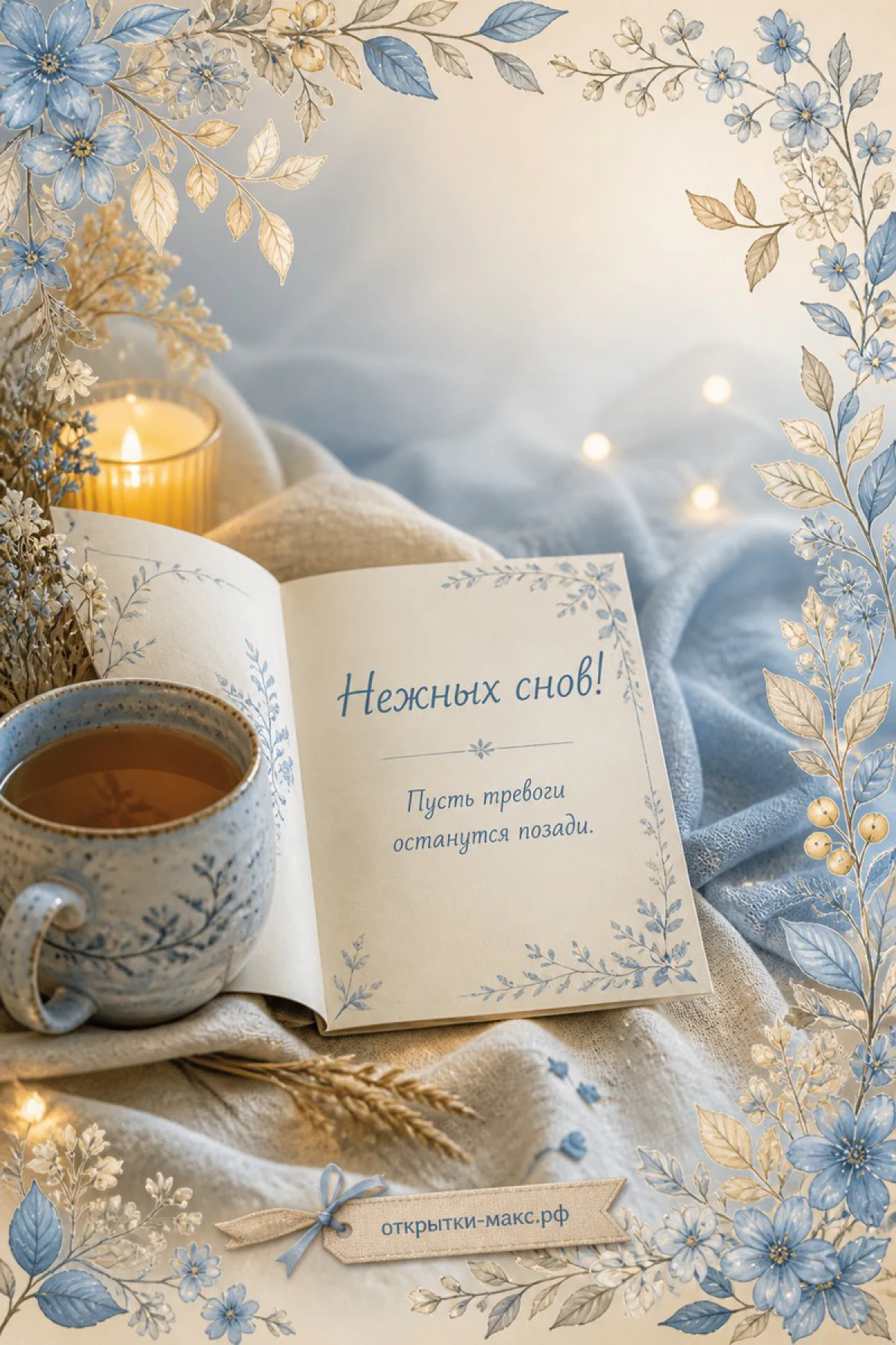 Открытая книга с надписью Нежных снов на пледе с чашкой чая и свечой в голубой цветочной рамке