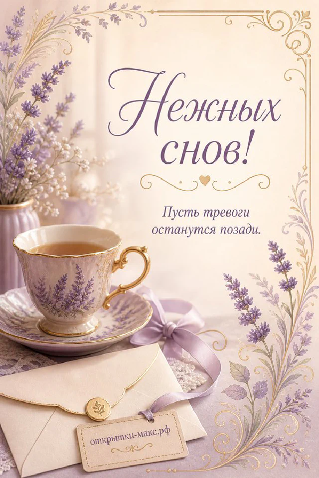 Открытая книга с надписью Нежных снов на пледе с чашкой чая и свечой в голубой цветочной рамке — вариант 2