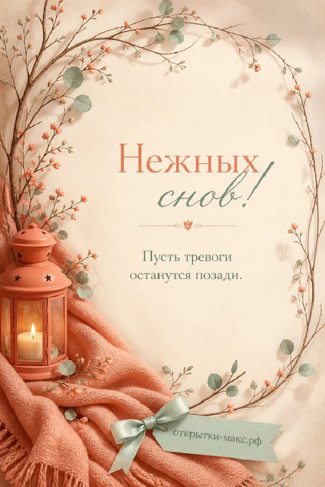 Открытая книга с надписью Нежных снов на пледе с чашкой чая и свечой в голубой цветочной рамке — вариант 4