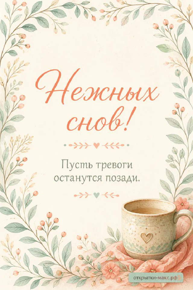 Открытая книга с надписью Нежных снов на пледе с чашкой чая и свечой в голубой цветочной рамке — вариант 5