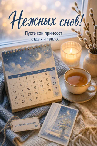 Настольный календарь с луной, горящая свеча и чашка чая у окна с веточкой вербы