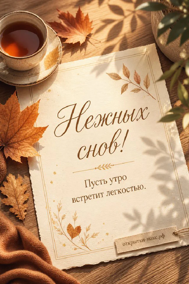 Зелёная книга с очками, светящийся керосиновый фонарь и настольный блокнот в листьях, надпись Нежных снов — вариант 2