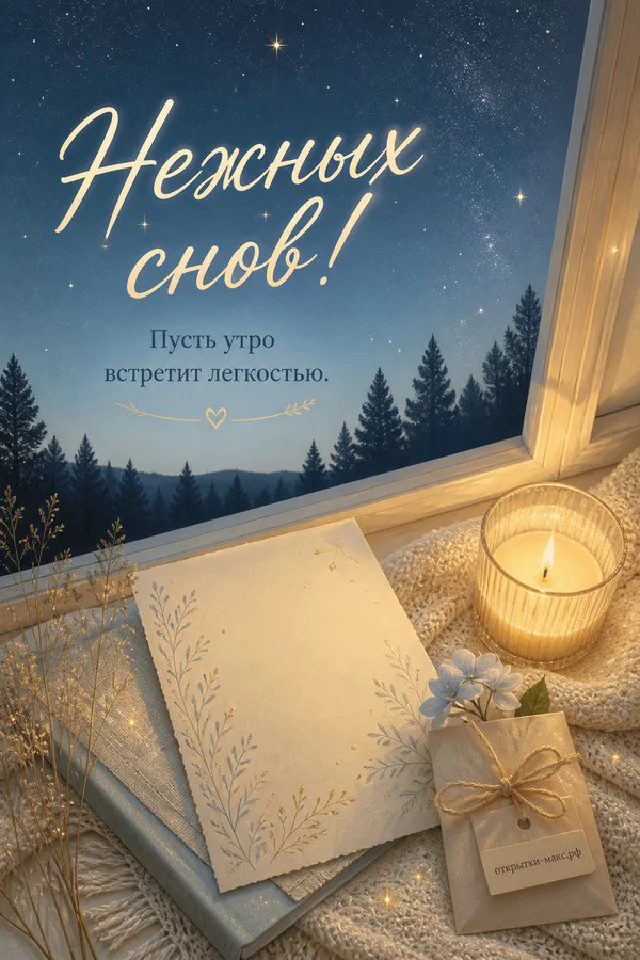 Зелёная книга с очками, светящийся керосиновый фонарь и настольный блокнот в листьях, надпись Нежных снов — вариант 3