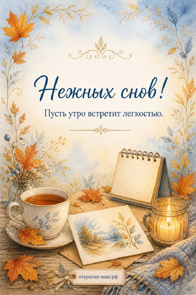 Зелёная книга с очками, светящийся керосиновый фонарь и настольный блокнот в листьях, надпись Нежных снов — вариант 4