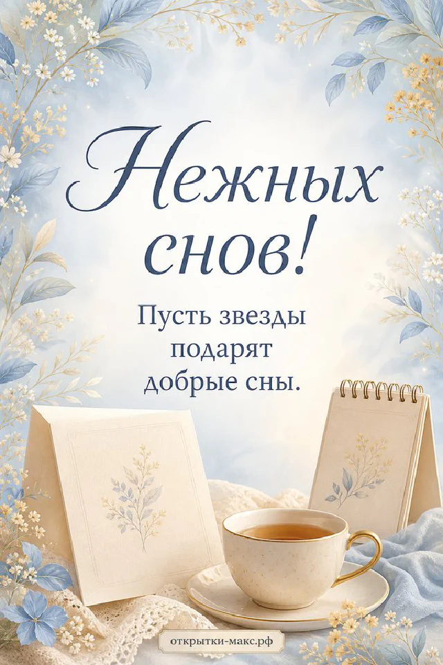 Открытая книга с пожеланием Нежных снов на пледе рядом со свечой, чашкой чая и зимним окном — вариант 3