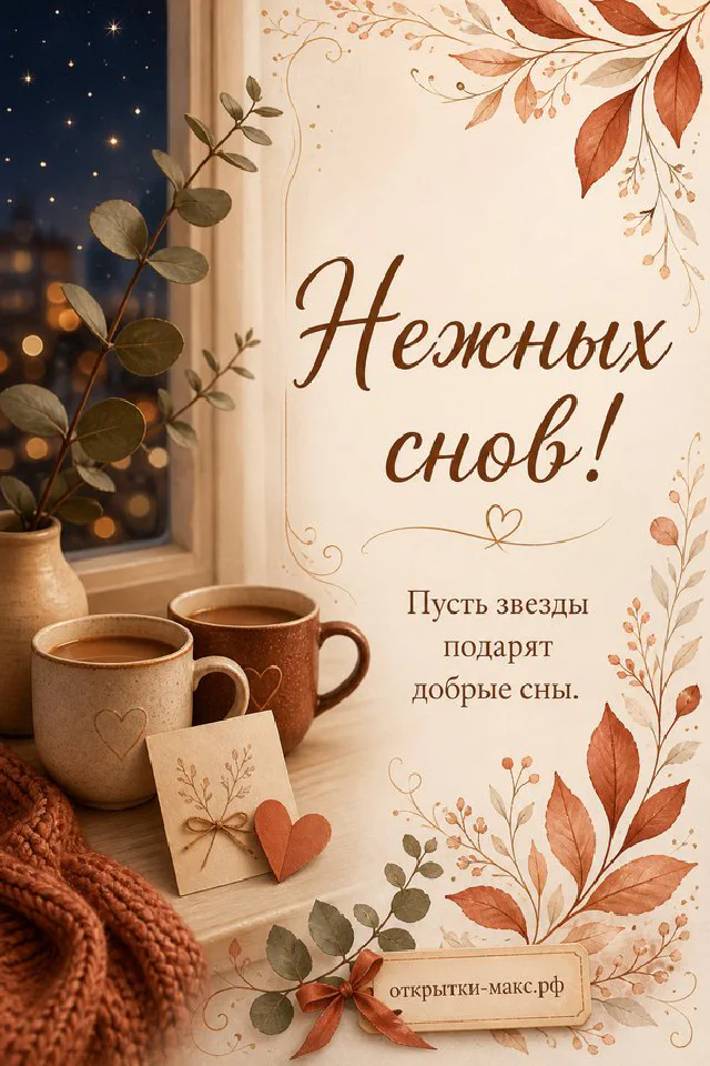 Открытая книга с пожеланием Нежных снов на пледе рядом со свечой, чашкой чая и зимним окном — вариант 4