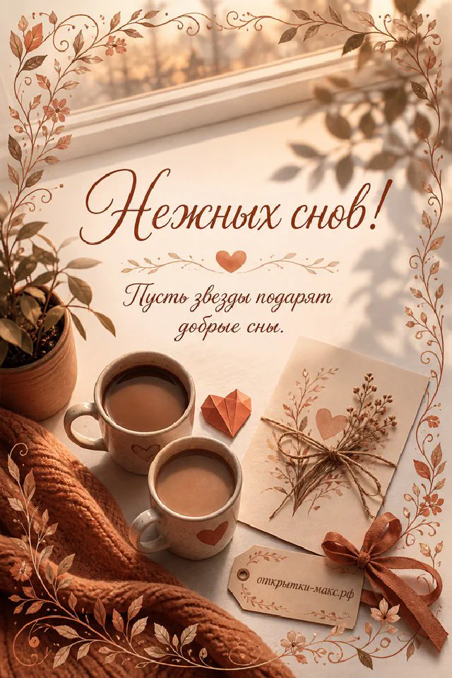 Открытая книга с пожеланием Нежных снов на пледе рядом со свечой, чашкой чая и зимним окном — вариант 2