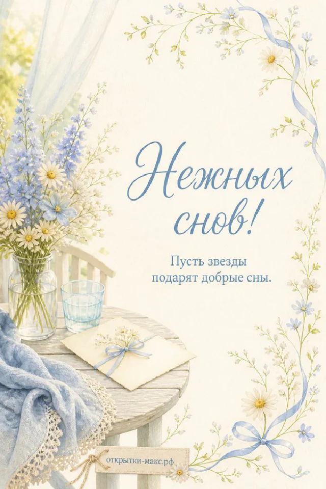 Открытая книга с пожеланием Нежных снов на пледе рядом со свечой, чашкой чая и зимним окном — вариант 6