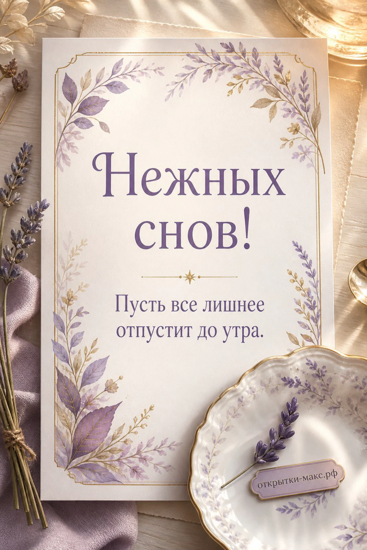 Сиреневая открытка «Нежных снов!» с лавандовым орнаментом в золотой рамке, рядом веточки лаванды и фарфоровая тарелочка с брошью