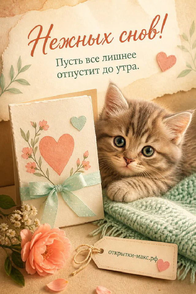 Сиреневая открытка «Нежных снов!» с лавандовым орнаментом в золотой рамке, рядом веточки лаванды и фарфоровая тарелочка с брошью — вариант 3