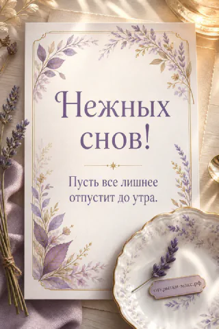 Сиреневая открытка «Нежных снов!» с лавандовым орнаментом в золотой рамке, рядом веточки лаванды и фарфоровая тарелочка с брошью