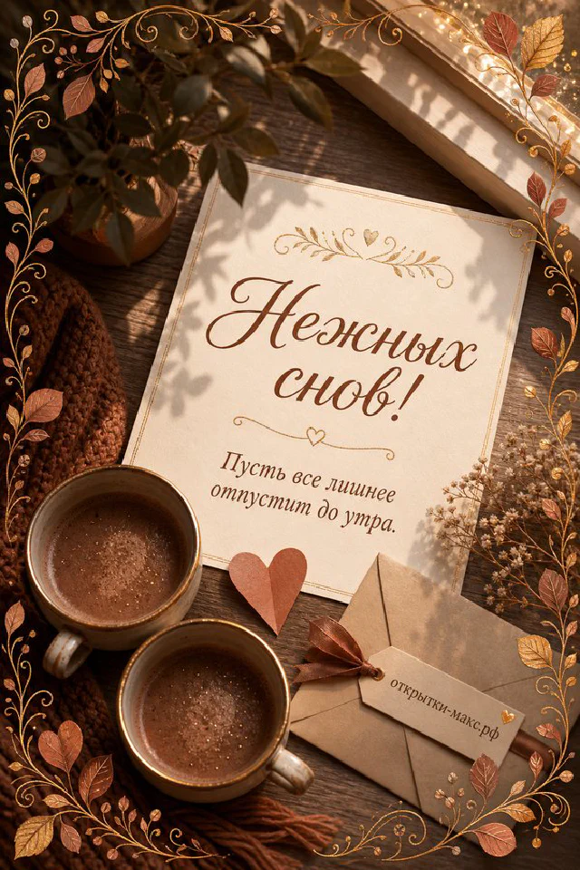 Сиреневая открытка «Нежных снов!» с лавандовым орнаментом в золотой рамке, рядом веточки лаванды и фарфоровая тарелочка с брошью — вариант 2