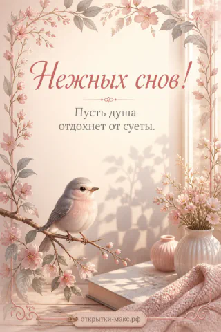 Серая птица сидит на ветке с розовыми цветами, рядом книга и плед, надпись Нежных снов
