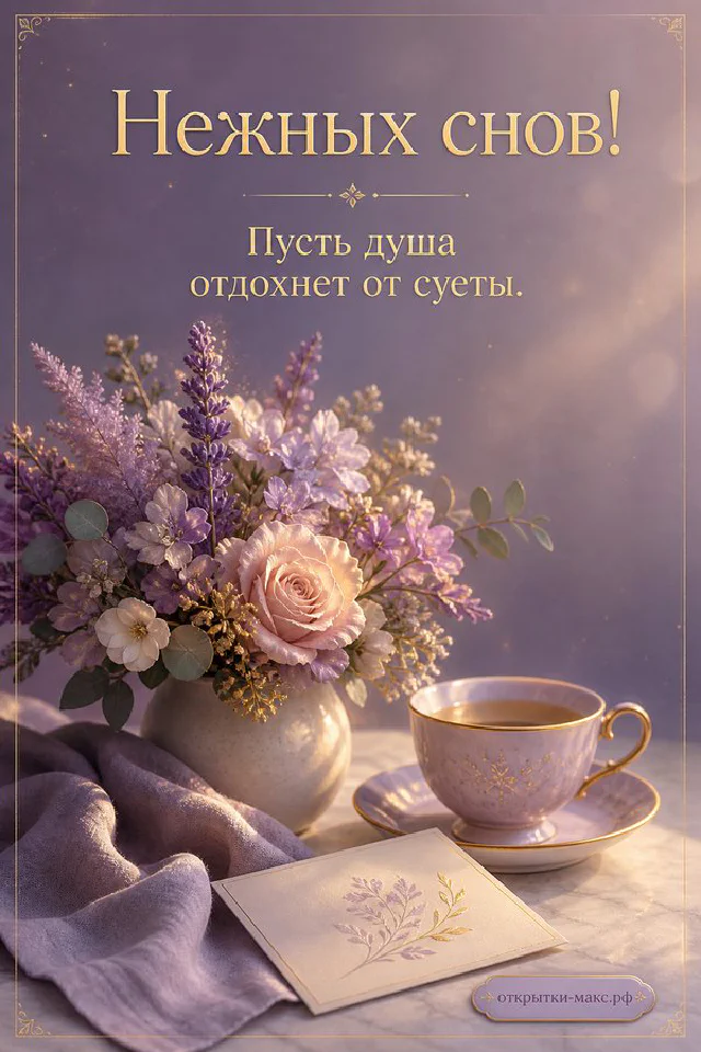 Серая птица сидит на ветке с розовыми цветами, рядом книга и плед, надпись Нежных снов — вариант 3
