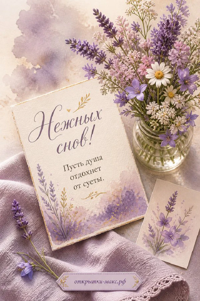 Серая птица сидит на ветке с розовыми цветами, рядом книга и плед, надпись Нежных снов — вариант 2