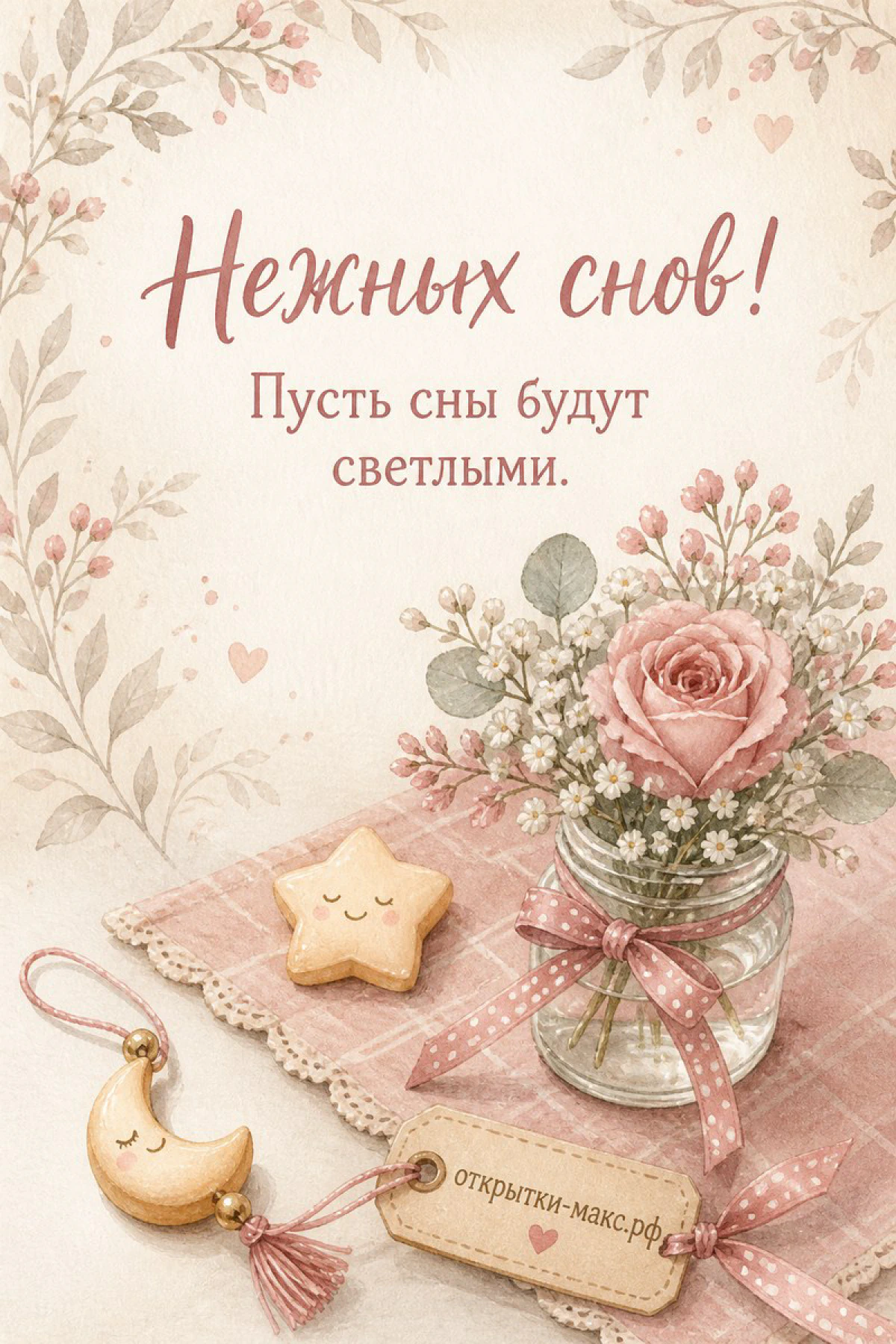 Акварельная сцена с розой в банке, звёздным печеньем и брелоком-луной на клетчатой салфетке