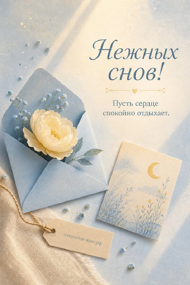 Розовая спальня с подушками, букетом сухоцветов в вазочке и тёплым ночником, надпись Нежных снов — вариант 2