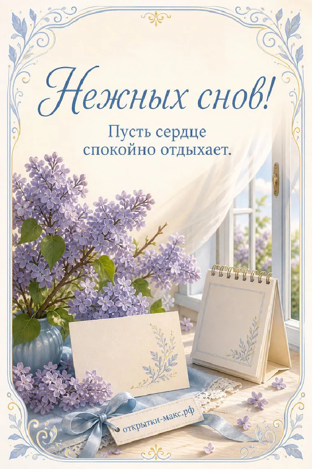 Розовая спальня с подушками, букетом сухоцветов в вазочке и тёплым ночником, надпись Нежных снов — вариант 4
