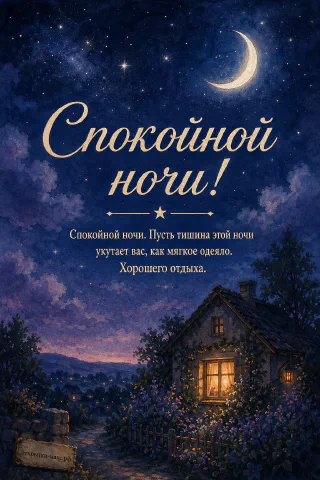 Старый уютный домик с тёплыми жёлтыми окнами и калиткой под тёмно-синим звёздным небом с серпом луны и силуэтами деревьев
