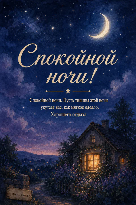 Старый уютный домик с тёплыми жёлтыми окнами и калиткой под тёмно-синим звёздным небом с серпом луны и силуэтами деревьев