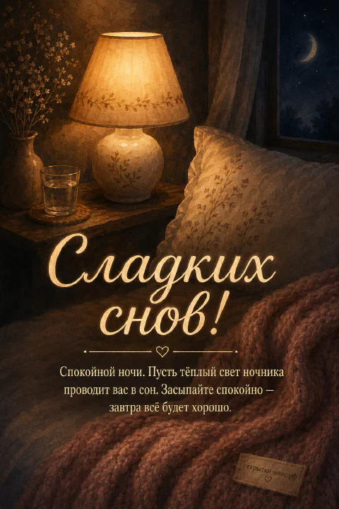 Тёплый керамический ночник с абажуром, стакан воды и сухоцветы в вазочке на тумбочке у кровати с вязаным пледом у окна с серпом луны