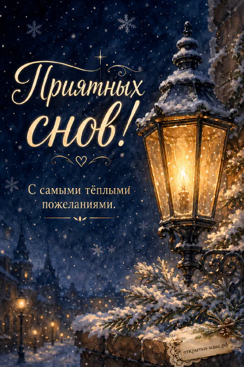 Горящий старинный чугунный уличный фонарь покрытый снегом с еловыми ветками на фоне снегопада и огней ночного зимнего города