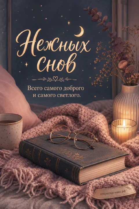Тёмная старая книга с золотым тиснением, очки в золотой оправе и горящая свеча в стакане на розовом вязаном пледе у ночного окна с месяцем