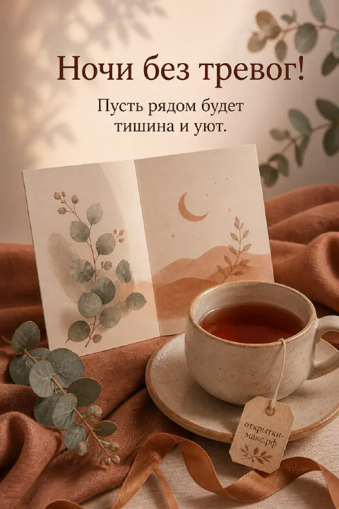 Чашка чая на блюдце рядом с акварельными карточками с луной и эвкалиптом, тёплый коричневый плед
