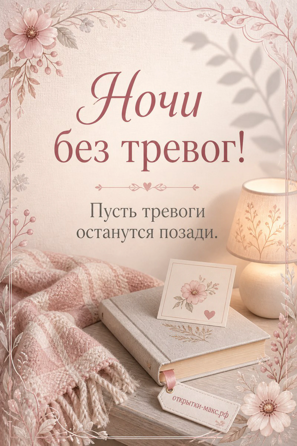 Книга с открыткой-закладкой, настольная лампа и розово-белый клетчатый плед в цветочной рамке