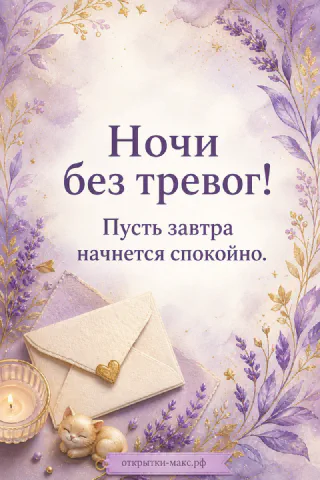 Конверт с сердечком, свеча, котёнок и ветки лаванды на фиолетовом фоне с золотыми листьями