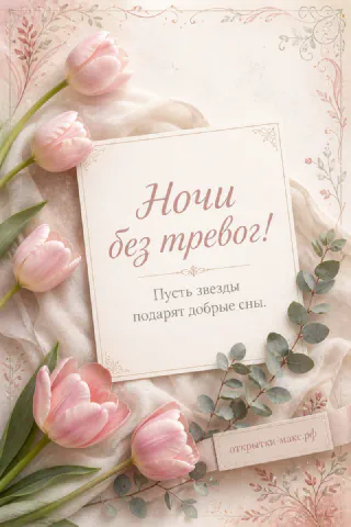 Розовые тюльпаны и эвкалипт вокруг открытки с надписью «Ночи без тревог»