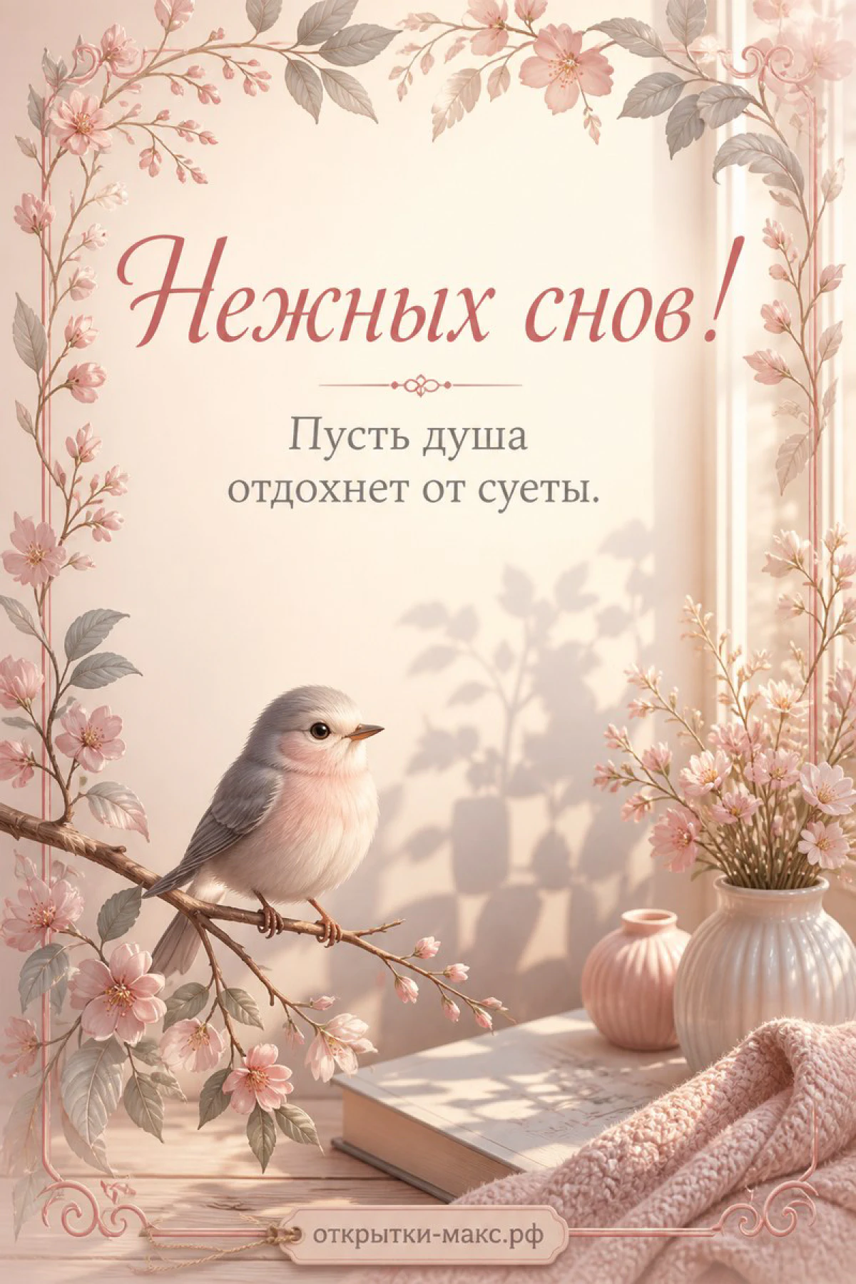 Ночное окно с луной, чашка травяного чая и аккуратная открытка