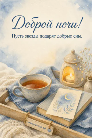 Ночное окно с луной, чашка травяного чая и аккуратная открытка