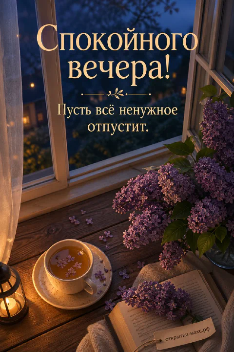 Ночное окно с луной, чашка травяного чая и аккуратная открытка